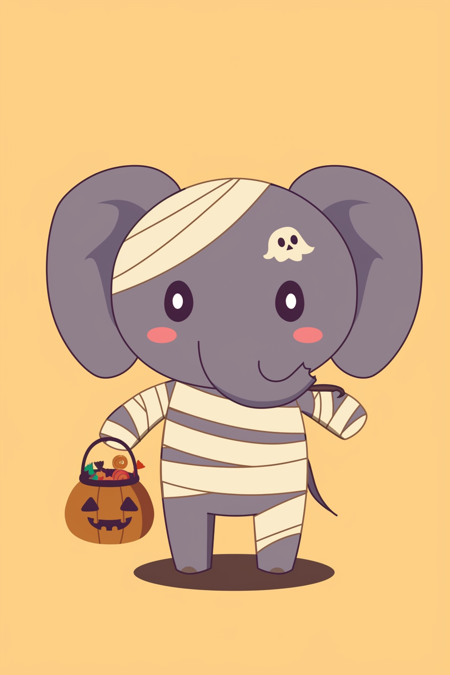 halloween cute animals drawings 2 features an adorable mummy-wrapped elephant holding a pumpkin basket filled with candies. The little skull on its wrapping adds a charming touch
